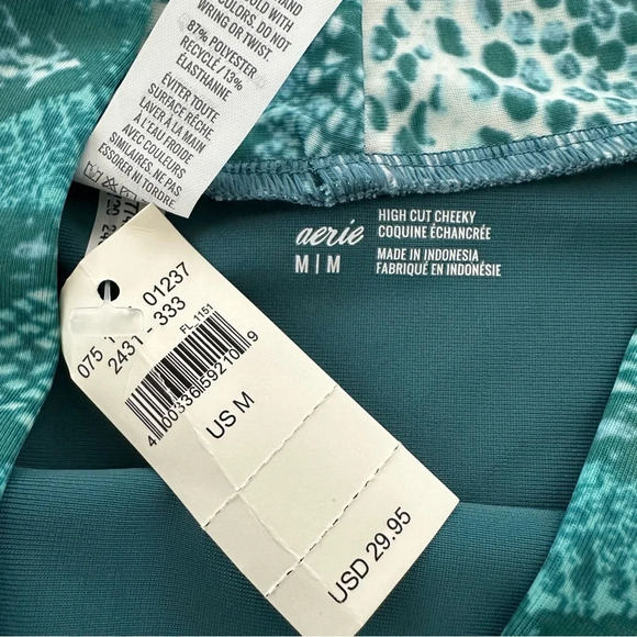 NWT Aerie Small/Medium Teal Snake Print Bikini Swimsuit High Cut Cheeky New - Picture 4 of 5